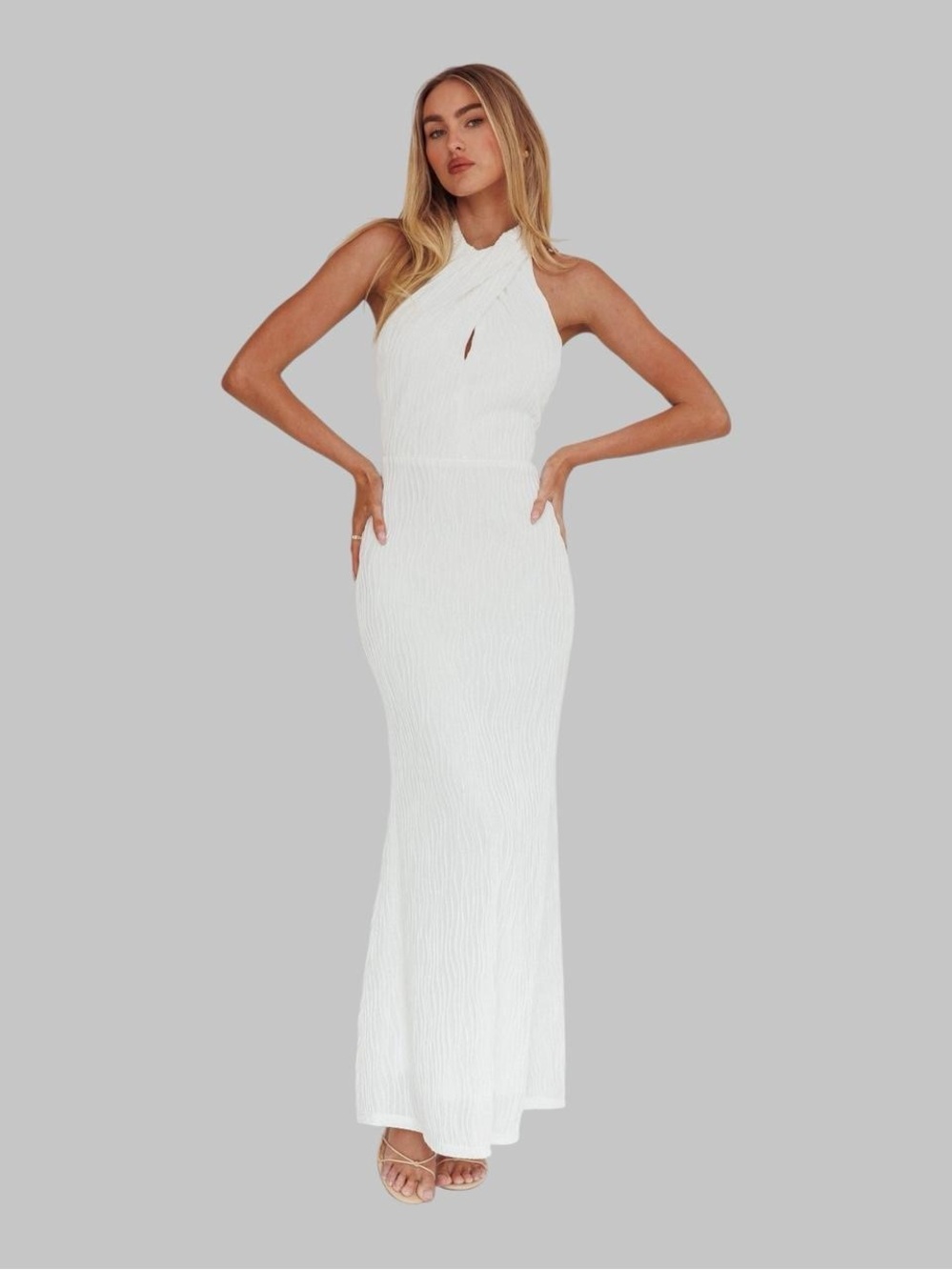White Crossover Halter Neck Textured Halter Dress Small